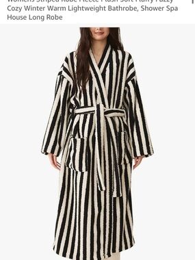 Plush Striped Long Robe - Black & Cream
